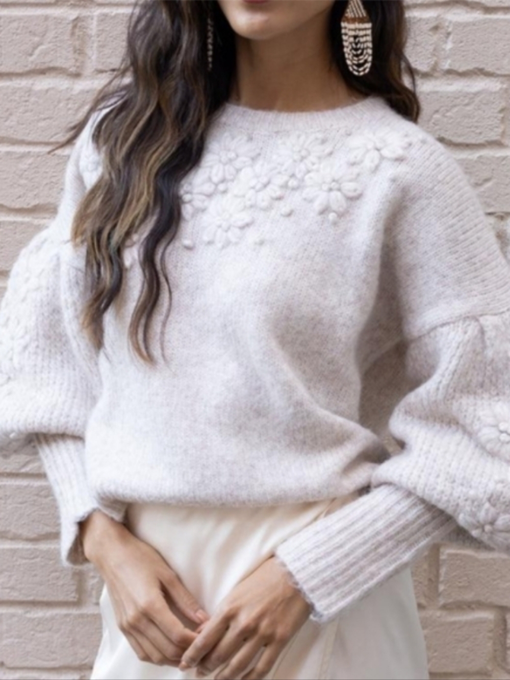 Anthropologie DRA Floral puff sleeve Sweater Size Medium M Beige Tan